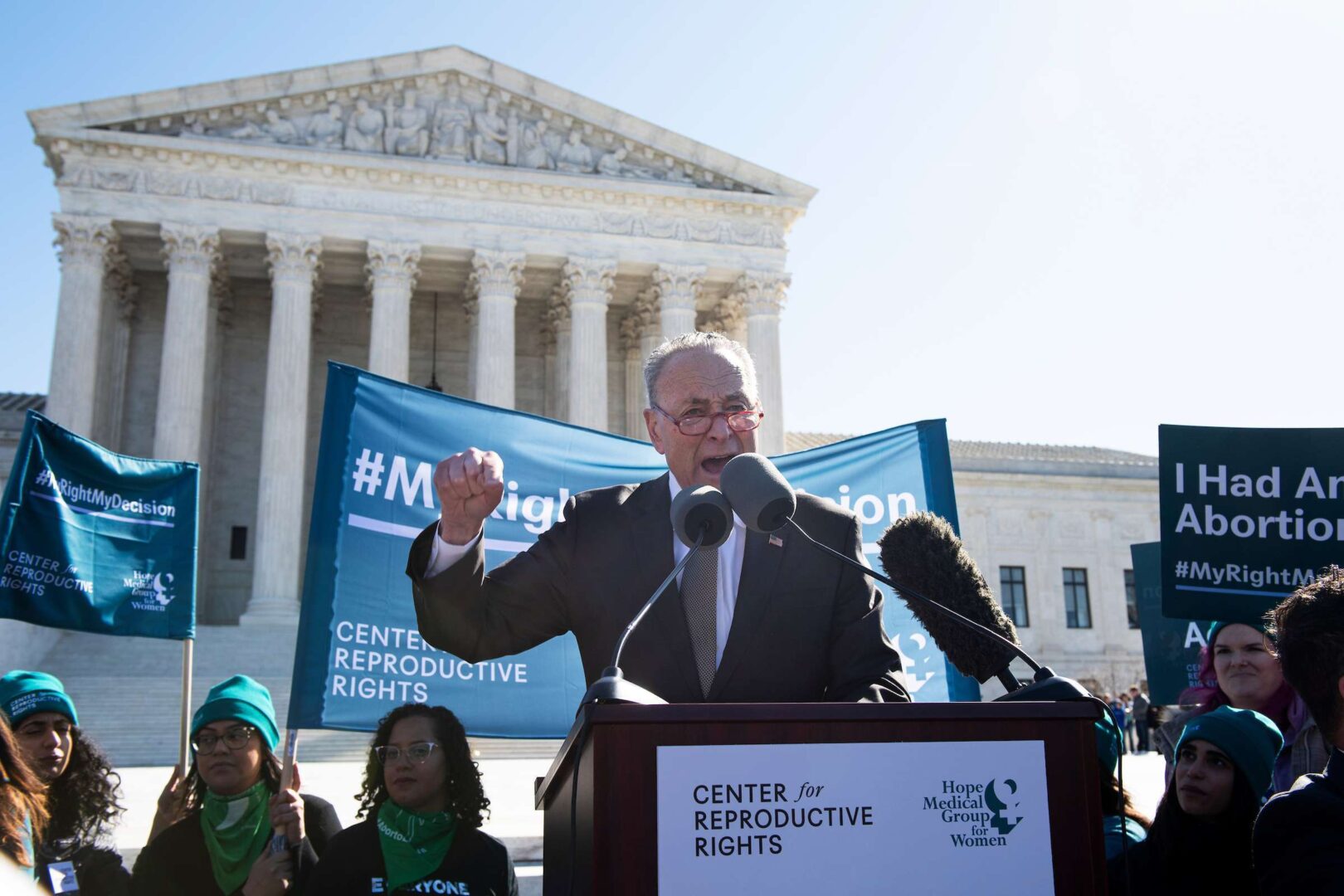 Senate Minority Leader Chuck Schumer, D-N.Y., speaks at an abortion rights rally during a demonstration outside the Supreme Court on Wednesday.