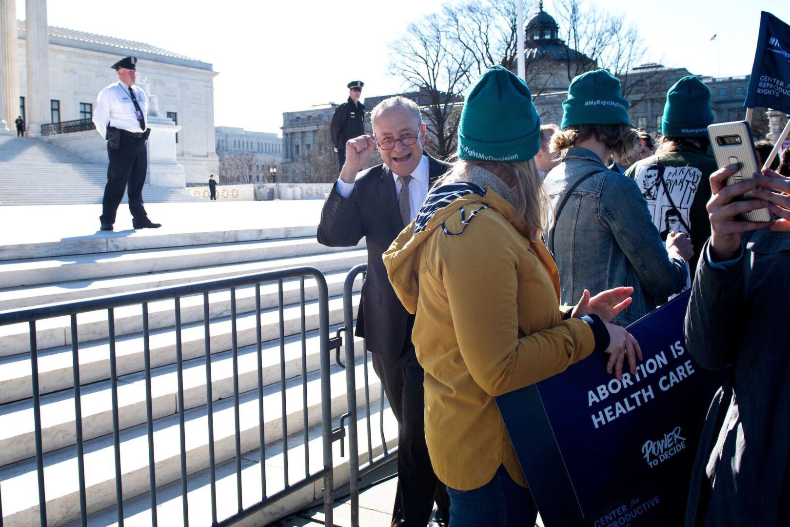 Senate Minority Leader Chuck Schumer departs from at an abortion rights rally during a demonstration outside the Supreme Court in Washington on March 4, 2020, as the Court hears oral arguments regarding a Louisiana law about abortion access. 