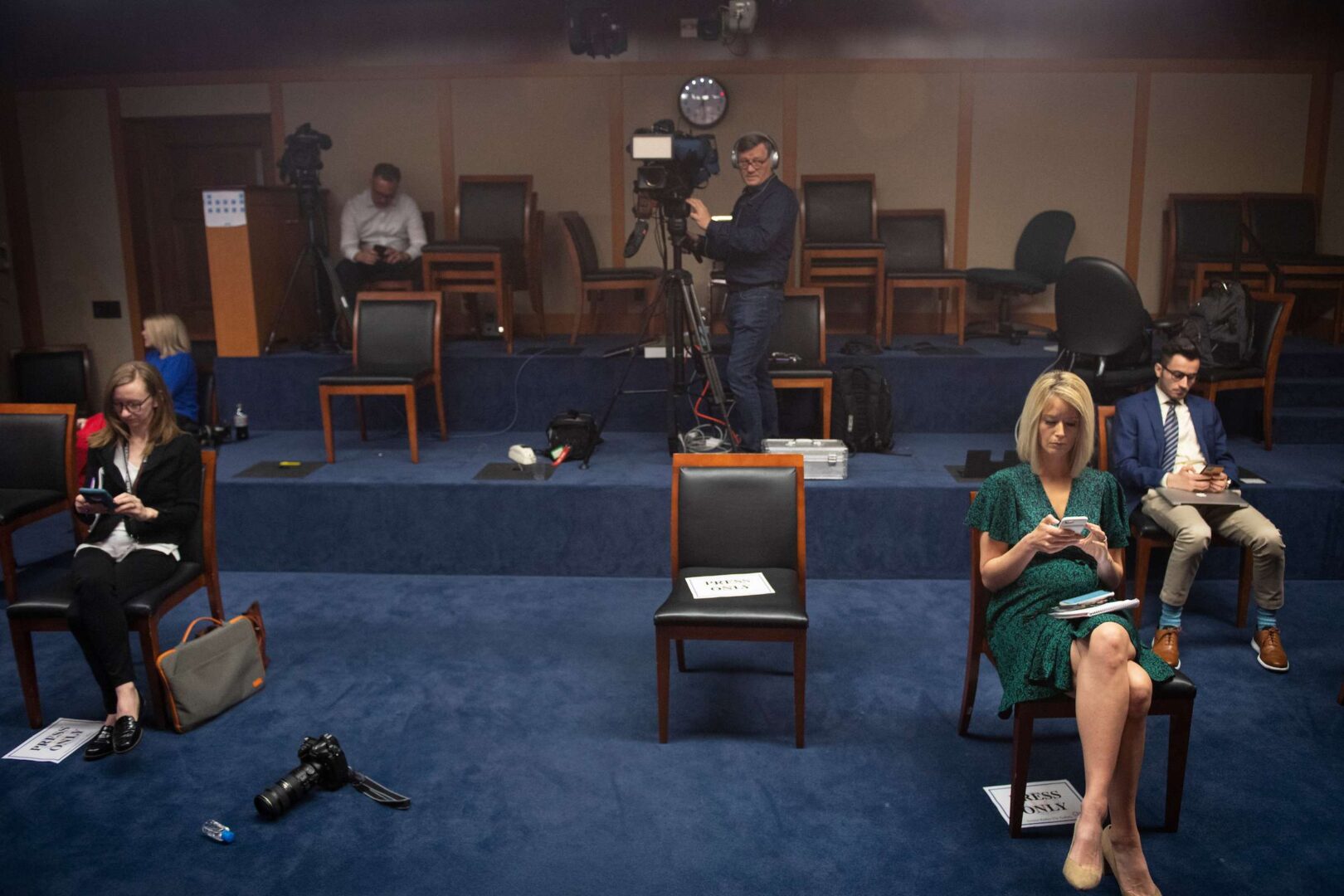 UNITED STATES - MARCH 18: Chairs for reporters are set up for social distancing measures ahead of a news conference in the Senate Studio in the Capitol in Washington on Wednesday, March 18, 2020. (Photo by Caroline Brehman/CQ Roll Call)