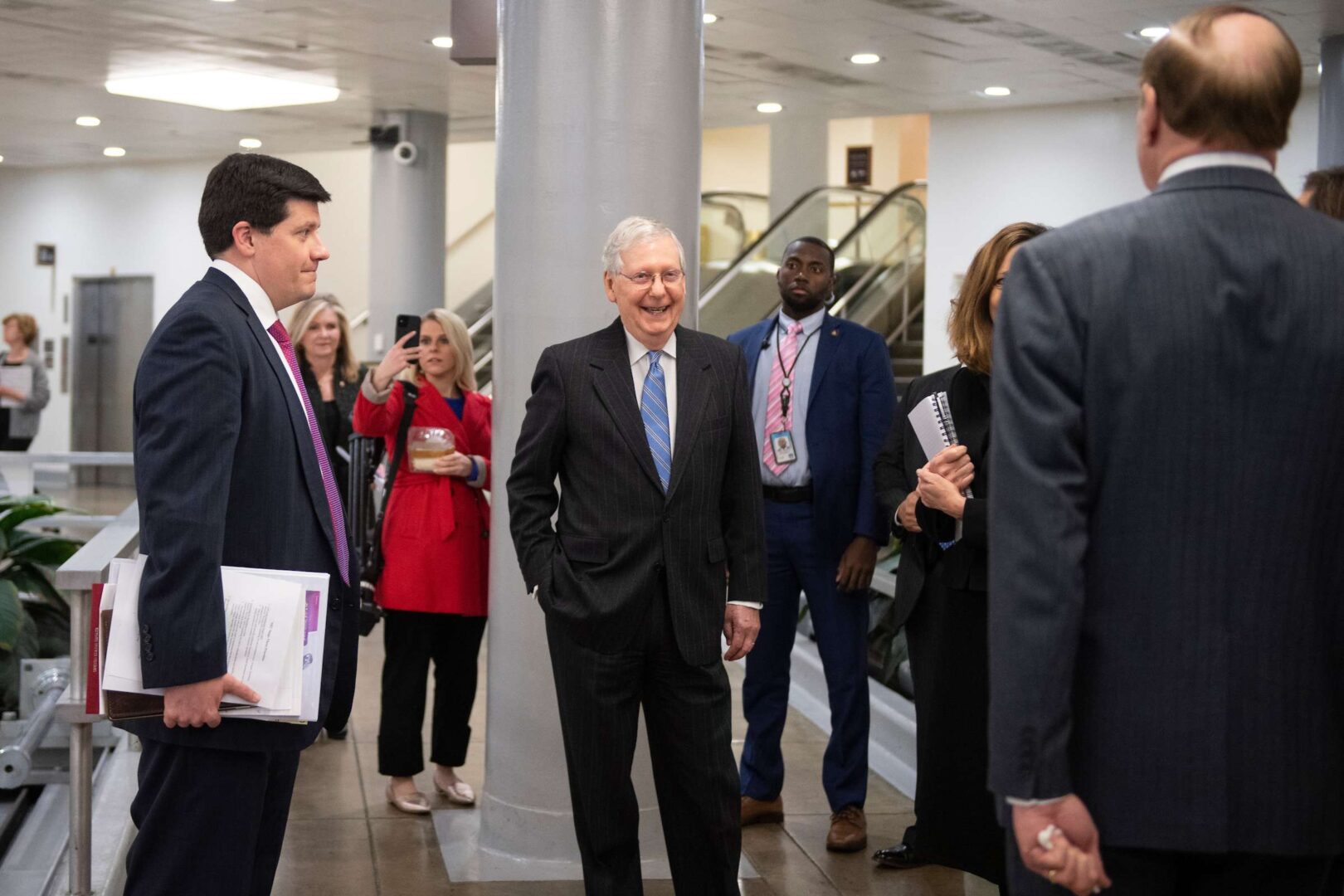 Senate Majority Leader Mitch McConnell, R-Ky., waits in the Senate subway on Wednesday, March 18, 2020.
