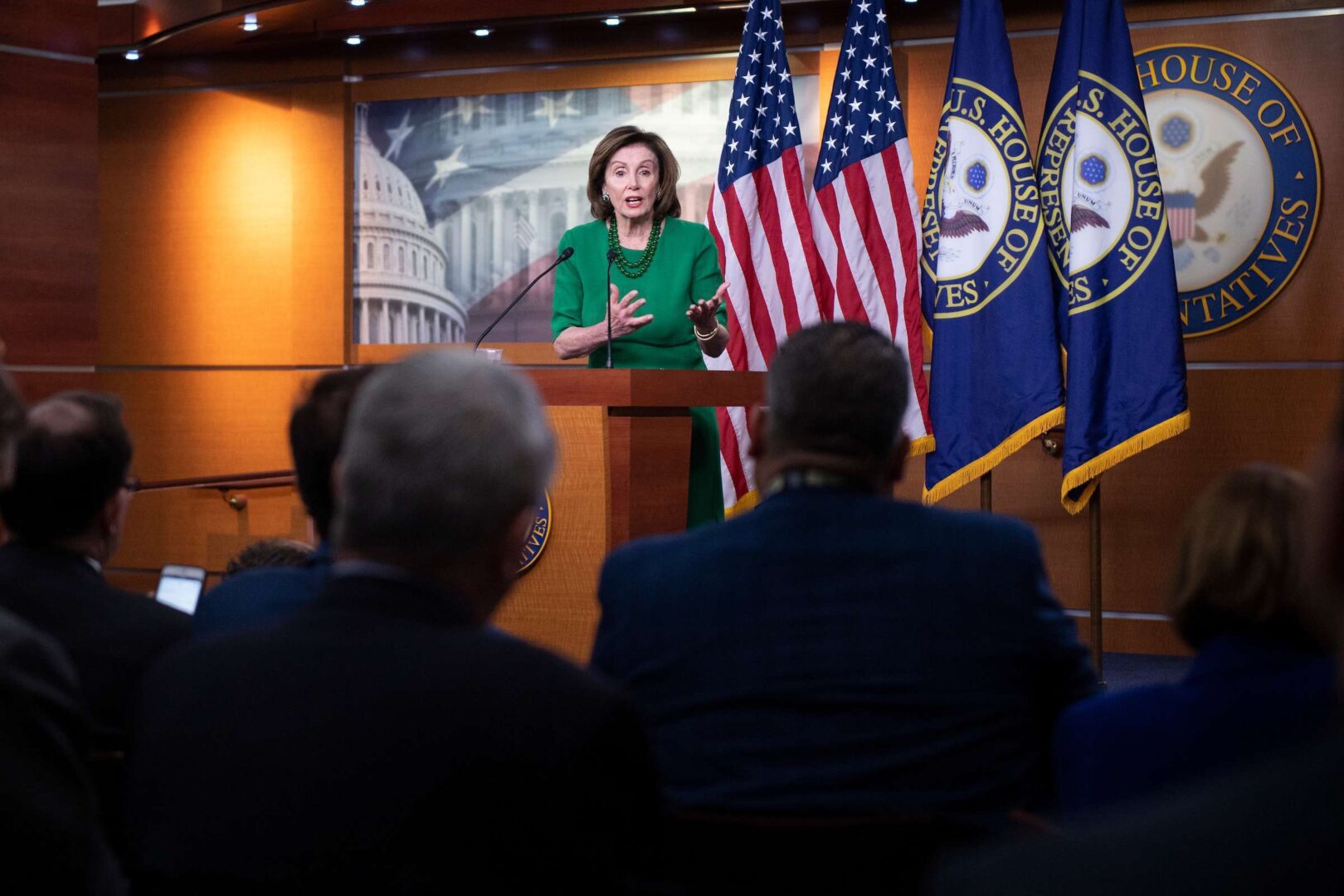 Speaker of the House Nancy Pelosi, D-Calif., speaks during her weekly news conference in Washington on Thursday.  The Democrats' annual retreat has been postponed due to concerns over coronavirus. 
