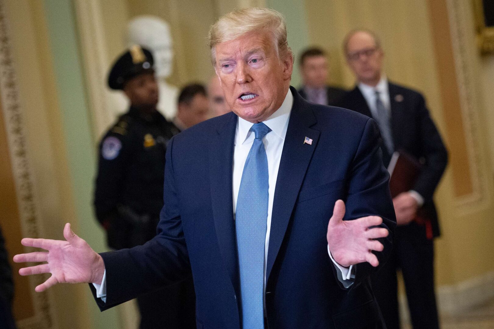 President Donald Trump talks to reporters about coronavirus after meeting with lawmakers on Capitol Hill on March 10, 2020. 