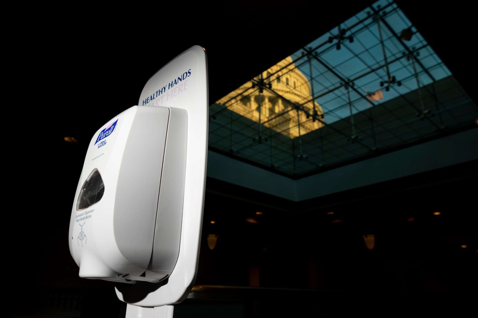 One of many Purell hand sanitizer stations stands in the Capitol Visitor Center in the Capitol on Monday, March 9, 2020.