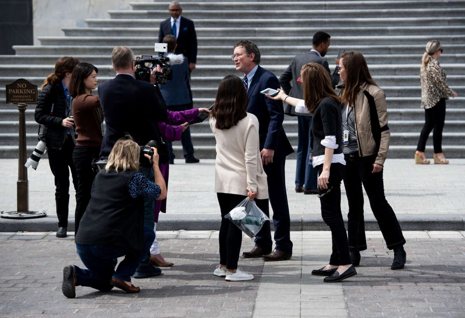 UNITED STATES - MARCH 27: Rep. Thomas Massie, R-Ky., stops to speak with reporters as he leaves the Capitol after the Coronavirus Aid, Relief, and Economic Security Act was passed in the House on Friday, March 27, 2020. (Photo By Bill Clark/CQ Roll Call)