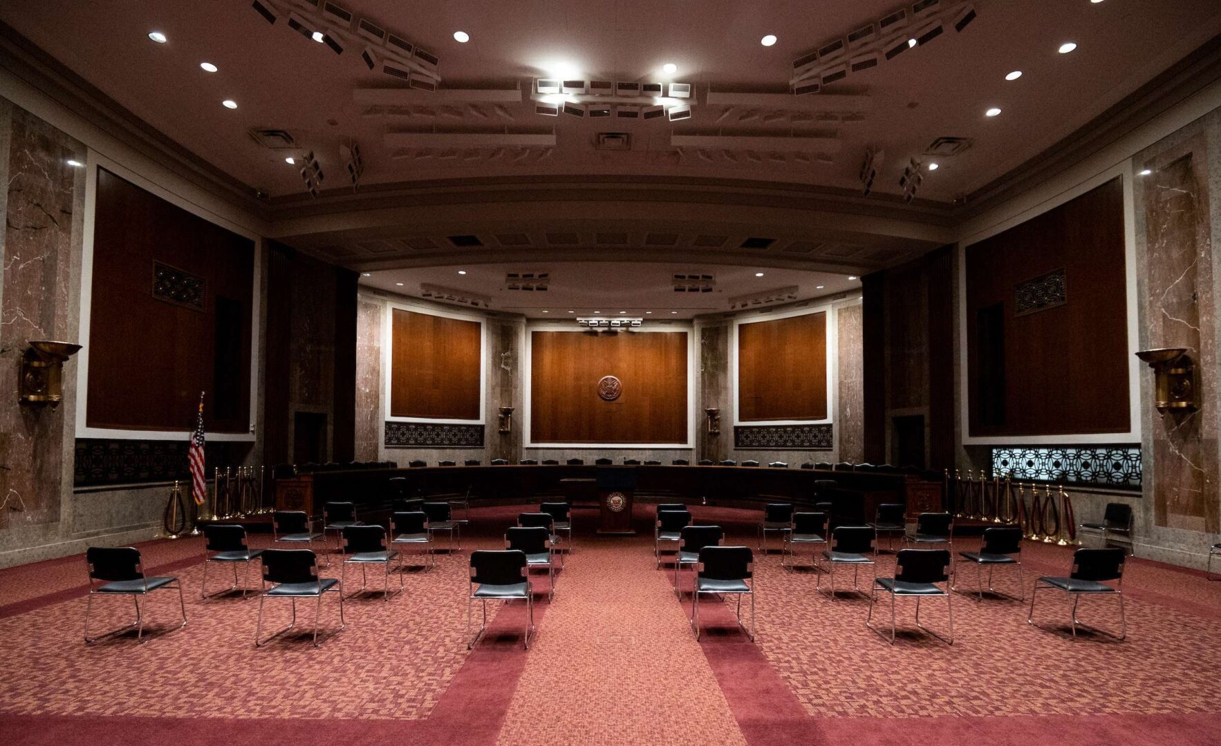 Chairs are set up for social distancing in a hearing room in the Dirksen Senate Office Building on Monday. Both chambers are out until April 20 at the earliest. 
