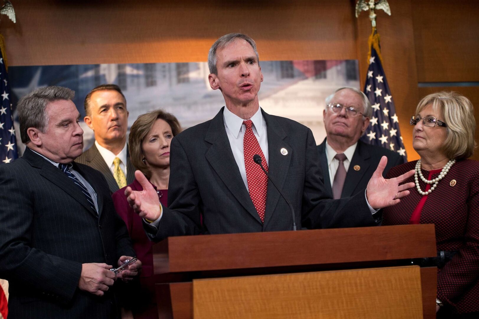 Rep. Daniel Lipinski, D-Ill., joined by five Republicans at an event marking the passage of an anti-abortion bill in 2013, became the first incumbent Tuesday to lose a primary in this election cycle.