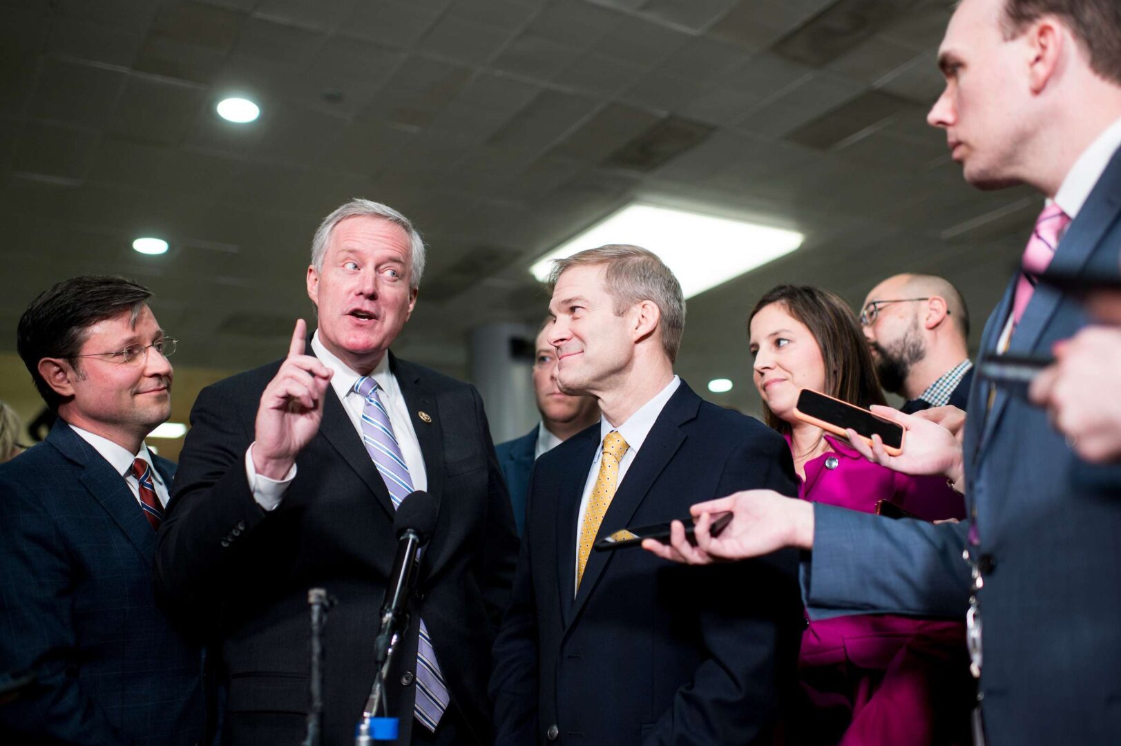 Rep. Mark Meadows, R-N.C., flanked from left by Reps. Mike Johnson, R-La., Lee Zeldin, R-N.Y., Jim Jordan, R-Ohio, and Elise Stefanik, R-N.Y., speaks to reporters in the Senate subway before the start of Senate impeachment trial session on Thursday, Jan. 23, 2020.