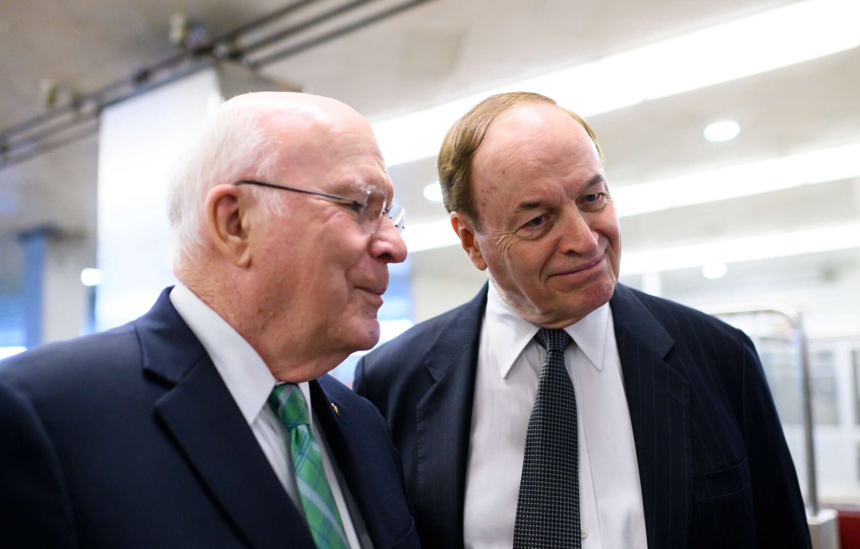 Sen. Richard Shelby, R-Ala., right, and Sen. Patrick Leahy, D-Vt., talk as they arrive in the Capitol via the Senate subway on Feb. 12, 2020. 