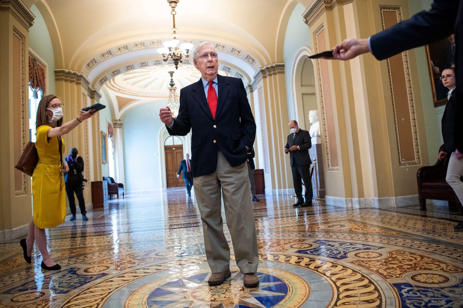 UNITED STATES - APRIL 9: Senate Majority Leader Mitch McConnell, R-Ky., speaks to the media in the Capitol after Sen. Ben Cardin, D-Md., objected to more funds be added to the coronavirus response fund on Thursday, April 9, 2020. Cardin said the bill wouldn't "address the immediate need of small businesses." (Photo By Tom Williams/CQ Roll Call)