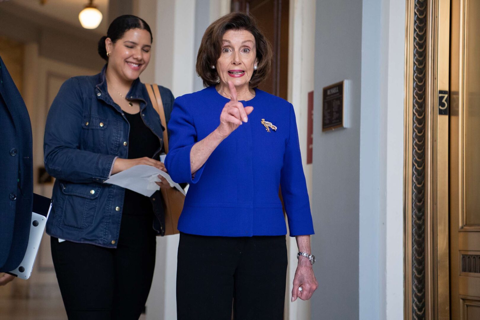 Speaker Nancy Pelosi reminds photographers to practice social distancing after her television interview in the Russell Building as Congress on April 1, 2020. 