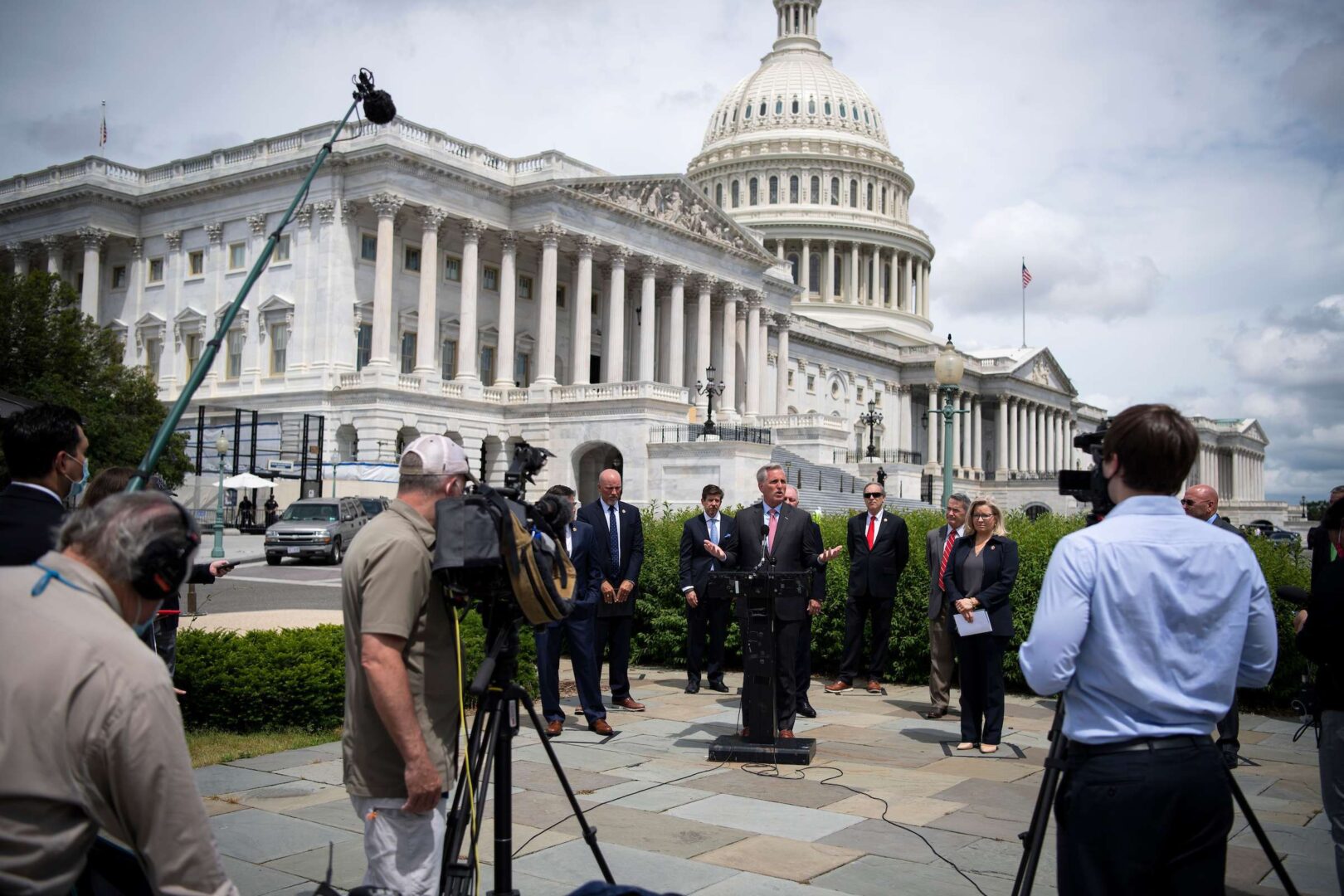 House Minority Leader Kevin McCarthy, R-Calif., joined by other House GOP members, speaks during a news conference on Capitol Hill in Washington on Wednesday.