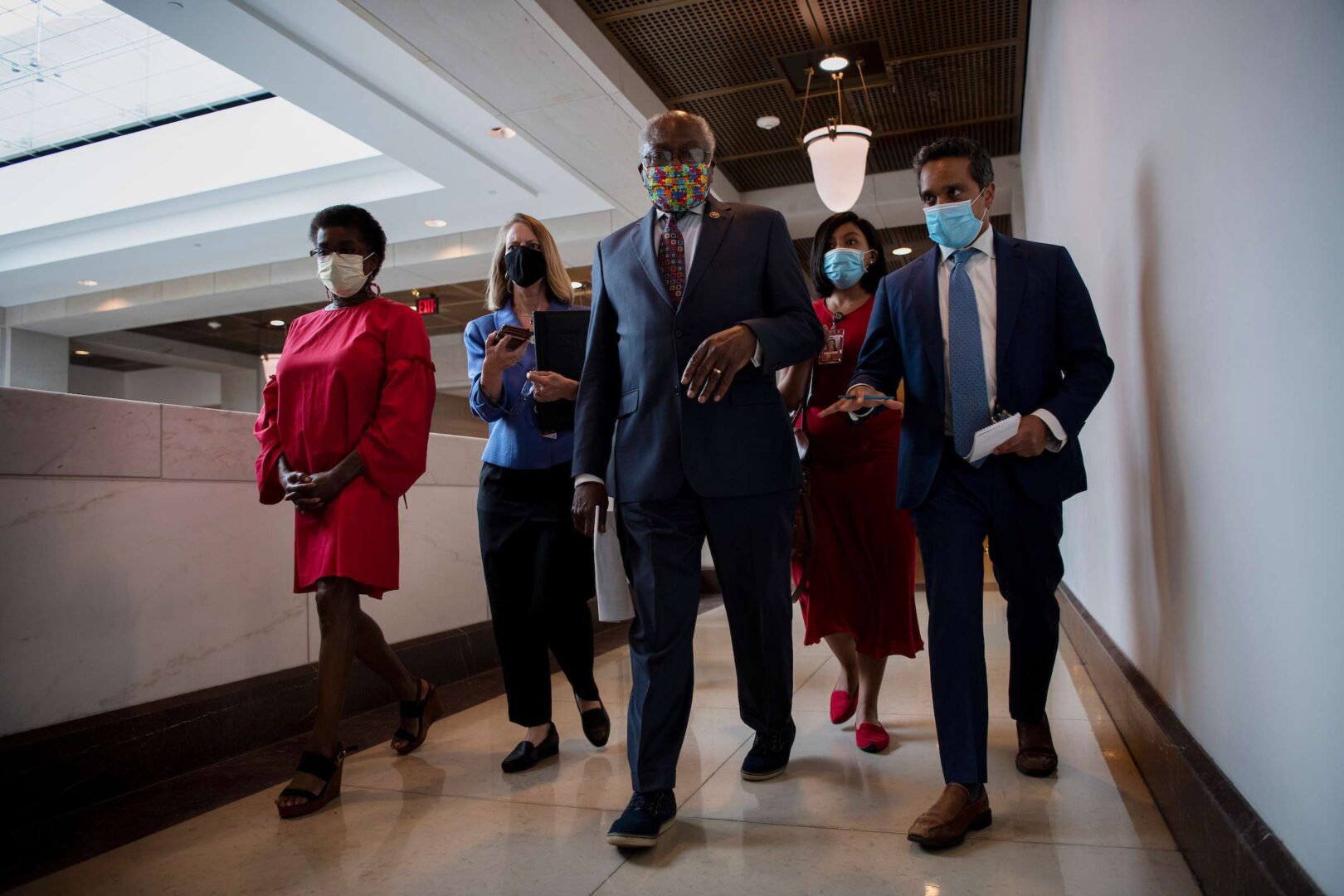 House Majority Whip James E. Clyburn, D-S.C., talks with reporters as he departs from a news conference on Capitol Hill in Washington on May 27, 2020. 