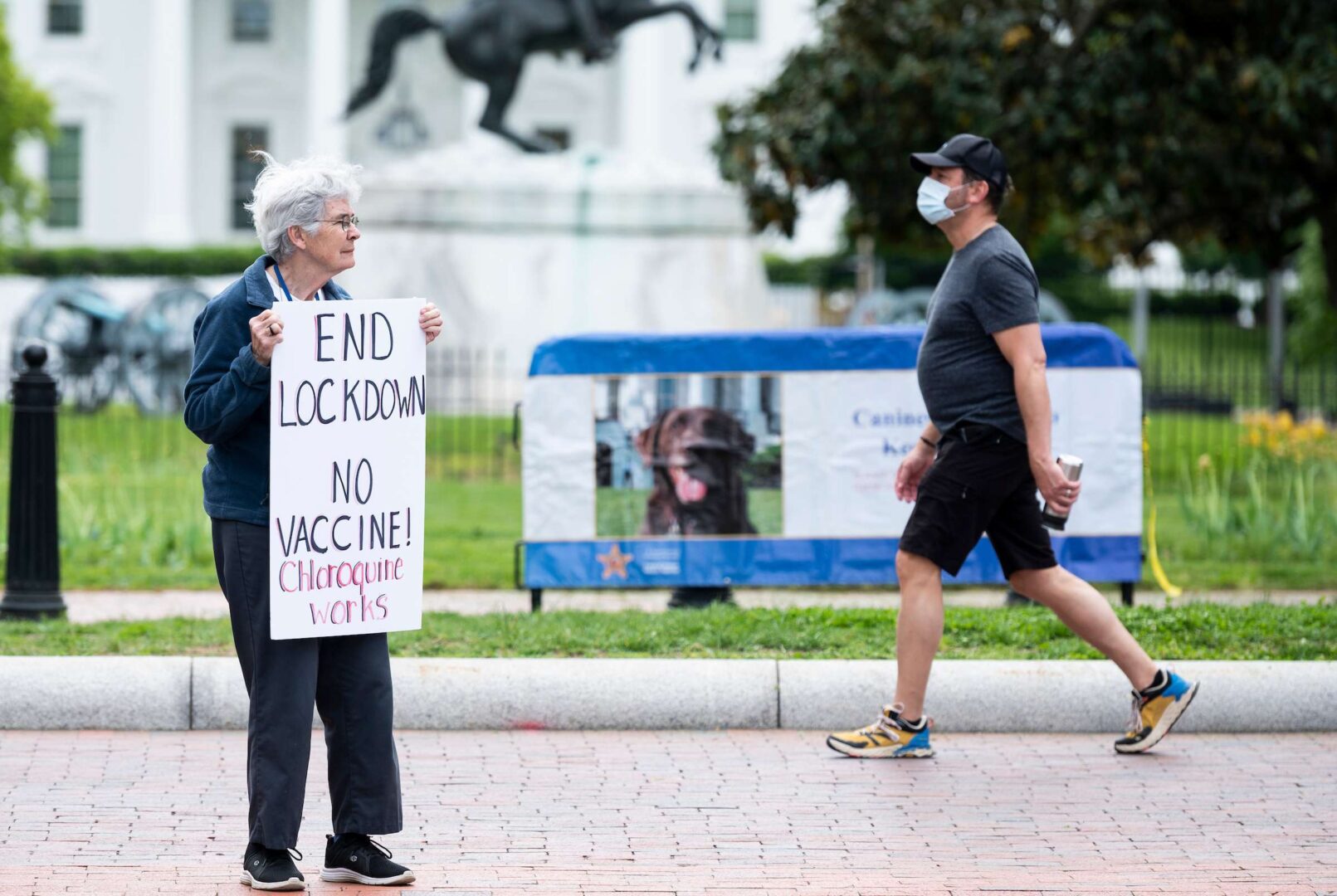 A lone protester holds a sign calling for an end to the lockdown and claiming chloroquine works as she stands in front of the White House.