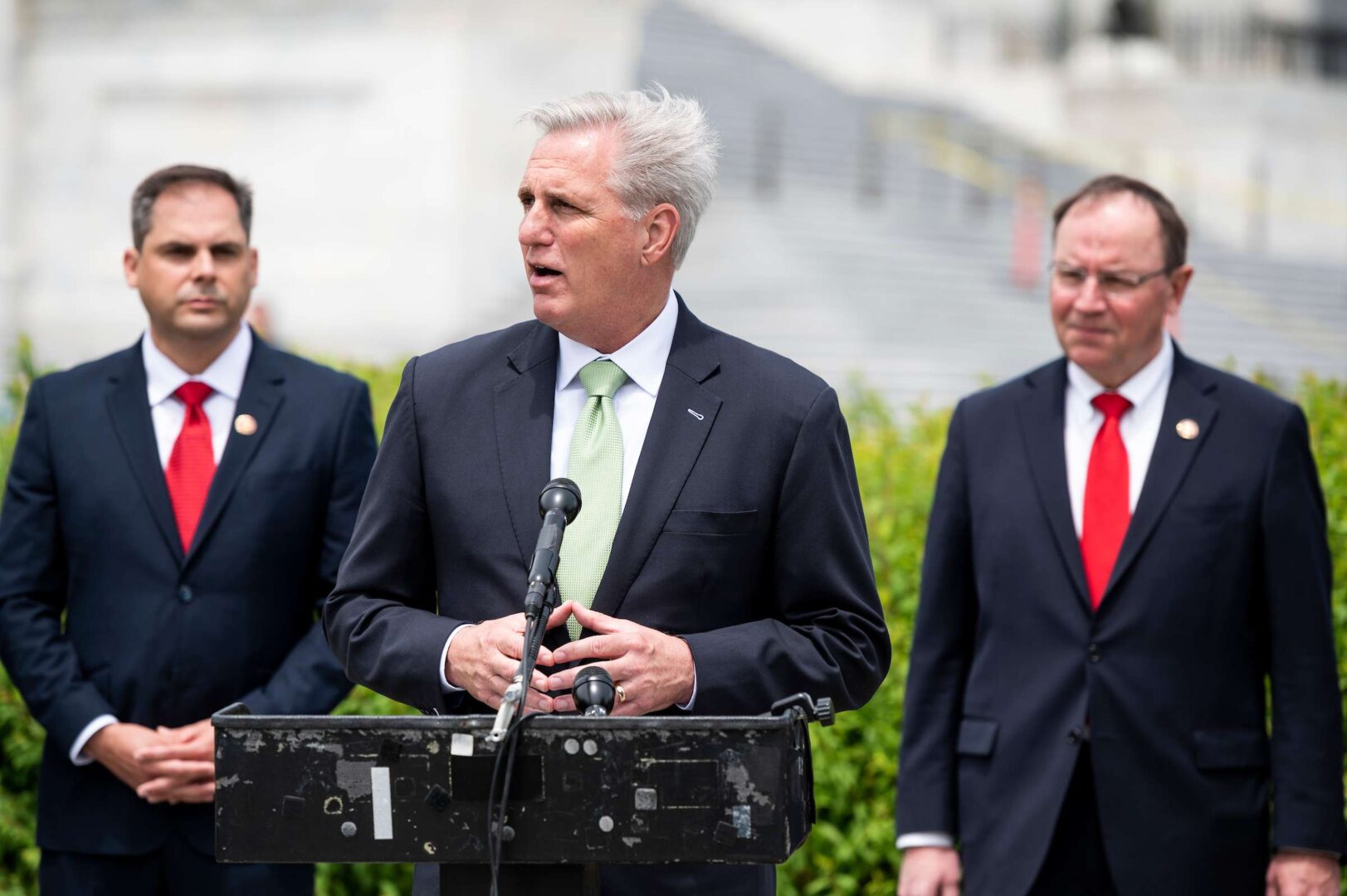 House Minority Leader Kevin McCarthy holds a news conference Tuesday with newly sworn-in Reps. Mike Garcia of California, left, and Tom Tiffany of Wisconsin. 