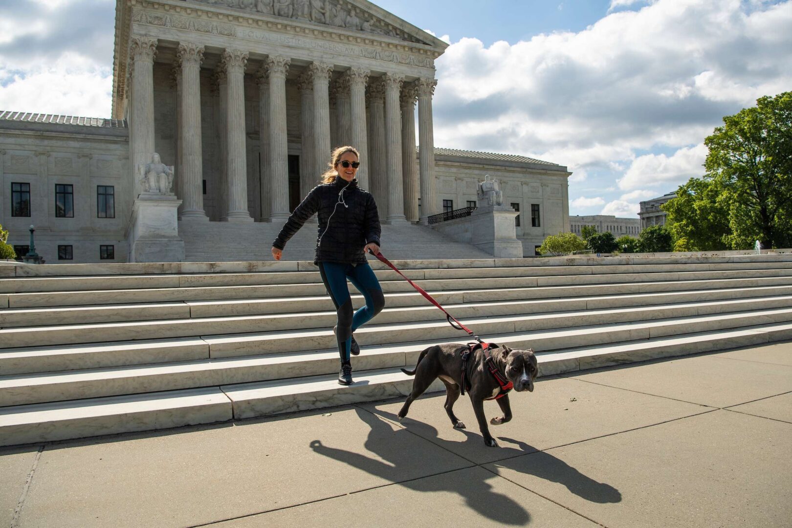 Charlotte Oldham-Moore of the Senate Foreign Relations Committee, and her pit bull, Zeke, are seen on the steps of the Supreme Court on Tuesday as arguments on President Trump’s tax returns were being conducted by telephone. (Tom Williams/CQ Roll Call)