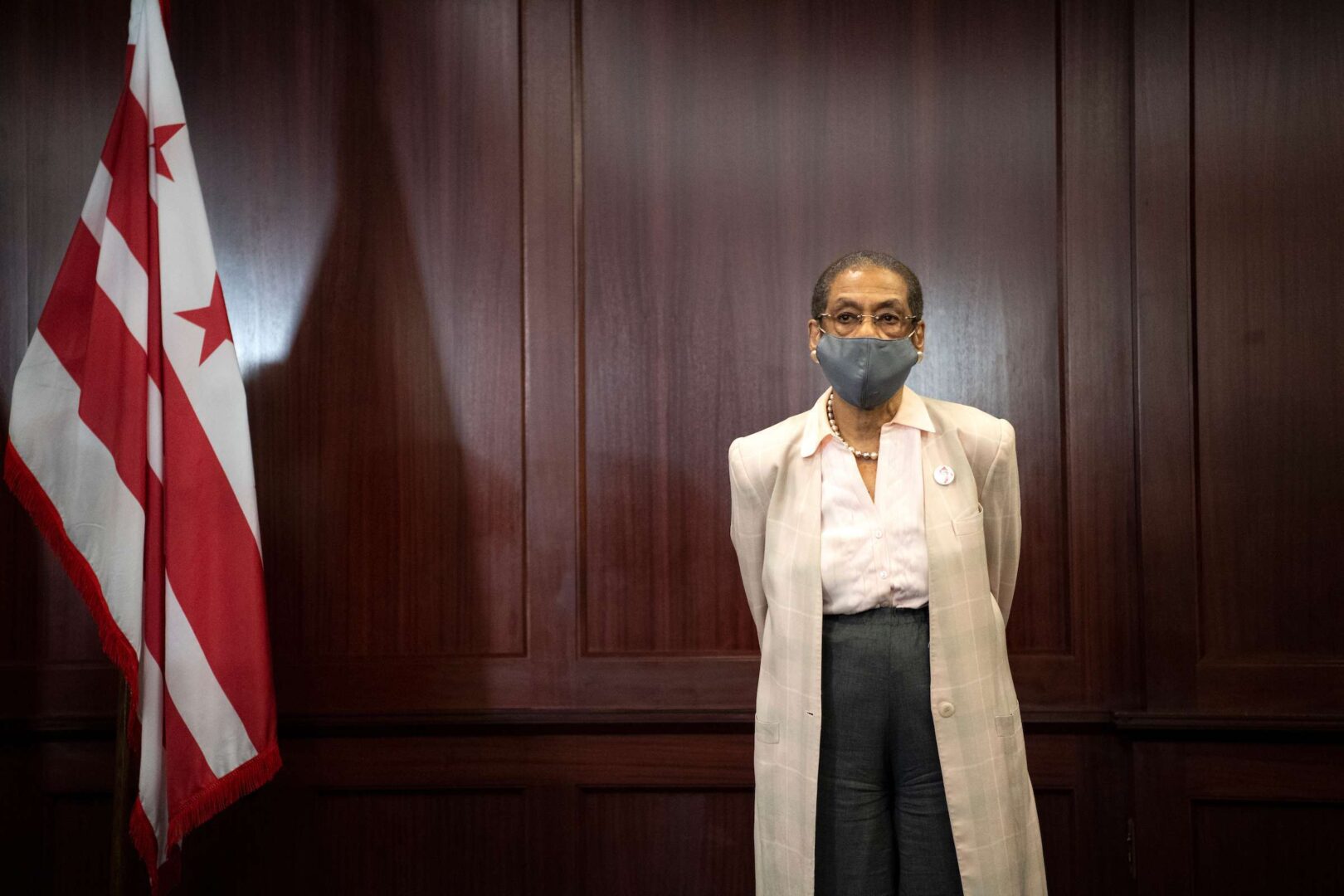 Del. Eleanor Holmes Norton, D-D.C., stands next to a D.C. flag during a news conference on D.C. statehood in the Capitol on June 16. 