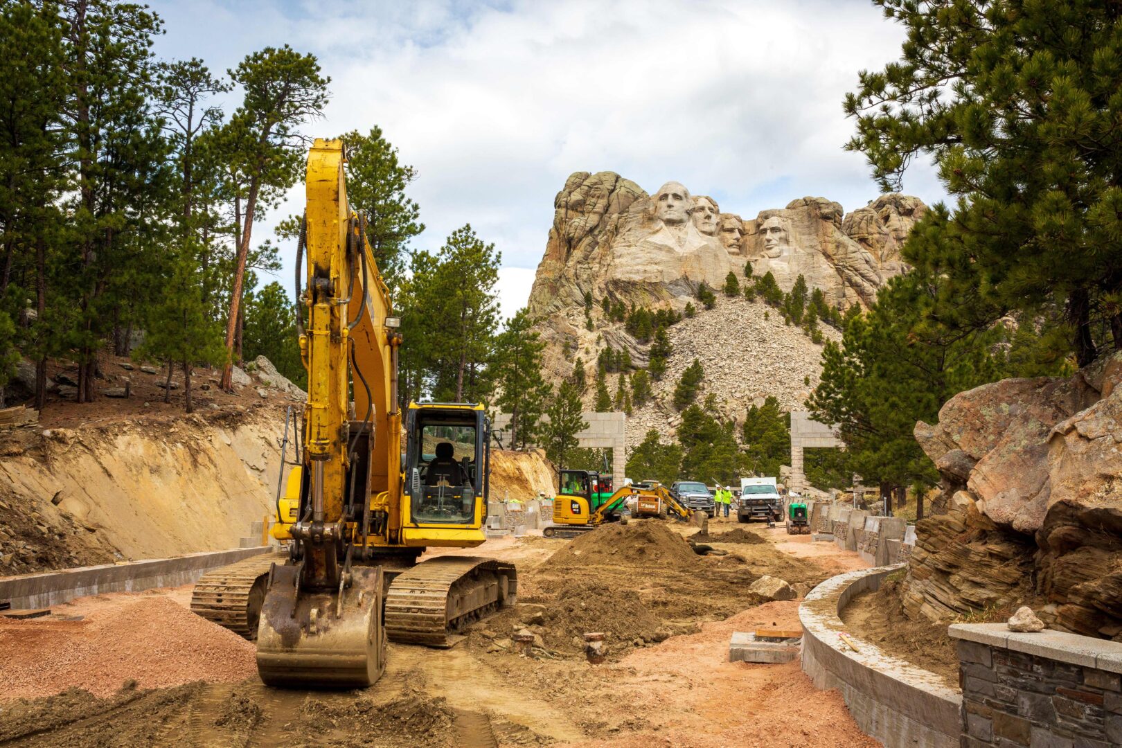 Construction is underway near Mount Rushmore National Memorial on April 23, 2020, in Keystone, South Dakota. - The steep roads that wind their way to Mount Rushmore are completely deserted. The South Dakota tourist mecca attracts only a few clusters of visitors happy to escape the confinement caused by the coronavirus pandemic. (Photo by Kerem Yucel / AFP) (Photo by KEREM YUCEL/AFP via Getty Images)