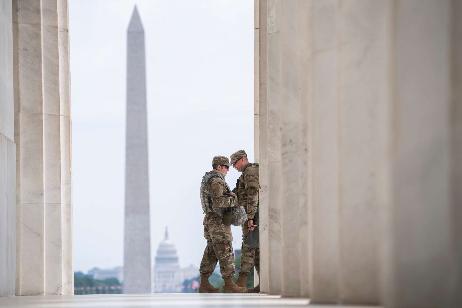 Members of the D.C. National Guard patrol the Lincoln Memorial on  June 3, after days of protests sparked by the death of George Floyd occurred throughout the city.
