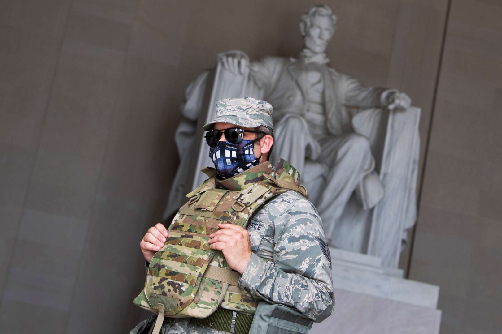 A member of the D.C. National Guard patrols the Lincoln Memorial on June 3 after days of protests sparked by the death in Minneapolis of George Floyd.