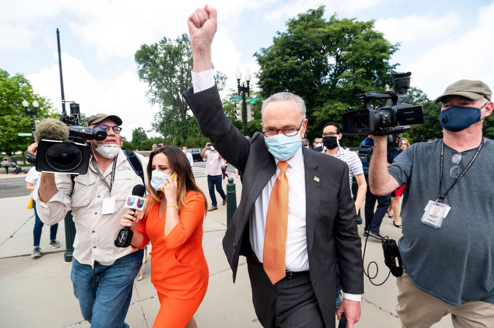Senate Minority Leader Charles E. Schumer, D-N.Y., visits protesters outside of the Supreme Court on Thursday, June 18, 2020, after the court rejected the Trump administration's push to end the DACA program.