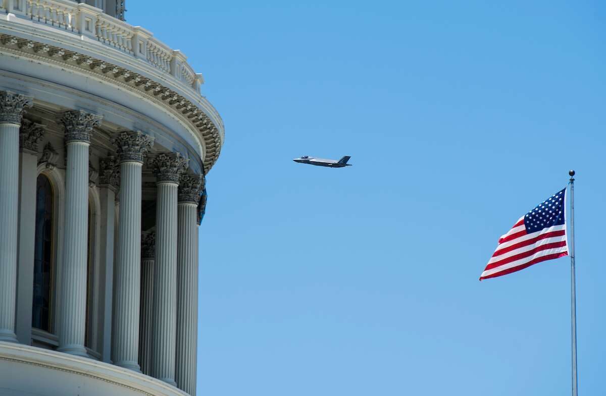 An F-35 flies past the Capitol dome during a flyover in Washington on Wednesday, June 12, 2019. 