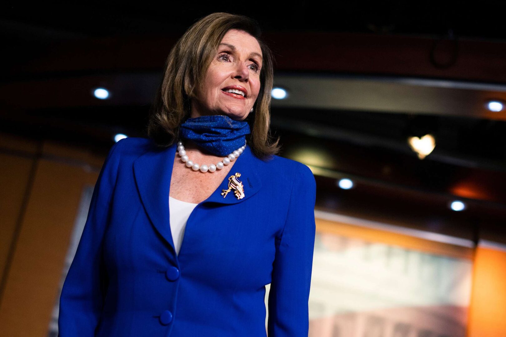 UNITED STATES - JULY 29: Speaker of the House Nancy Pelosi, D-Calif., conducts a news conference on child care relief bills in the Capitol Visitor Center on Wednesday, July 29, 2020. (Photo By Tom Williams/CQ Roll Call)
