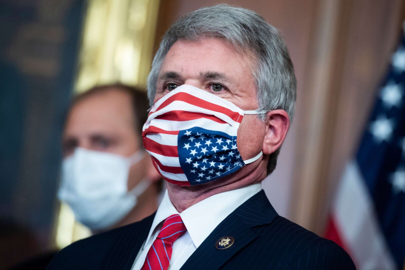 UNITED STATES - SEPTEMBER 30: Reps. Michael McCaul, R-Texas, right, chairman of the China Task Force, and Andy Barr, R-Ky., conduct a news conference on the China Task Force report in the Capitols Rayburn Room on Wednesday, September 30, 2020. The report outlines bipartisan action to combat threats from China. (Photo By Tom Williams/CQ Roll Call)