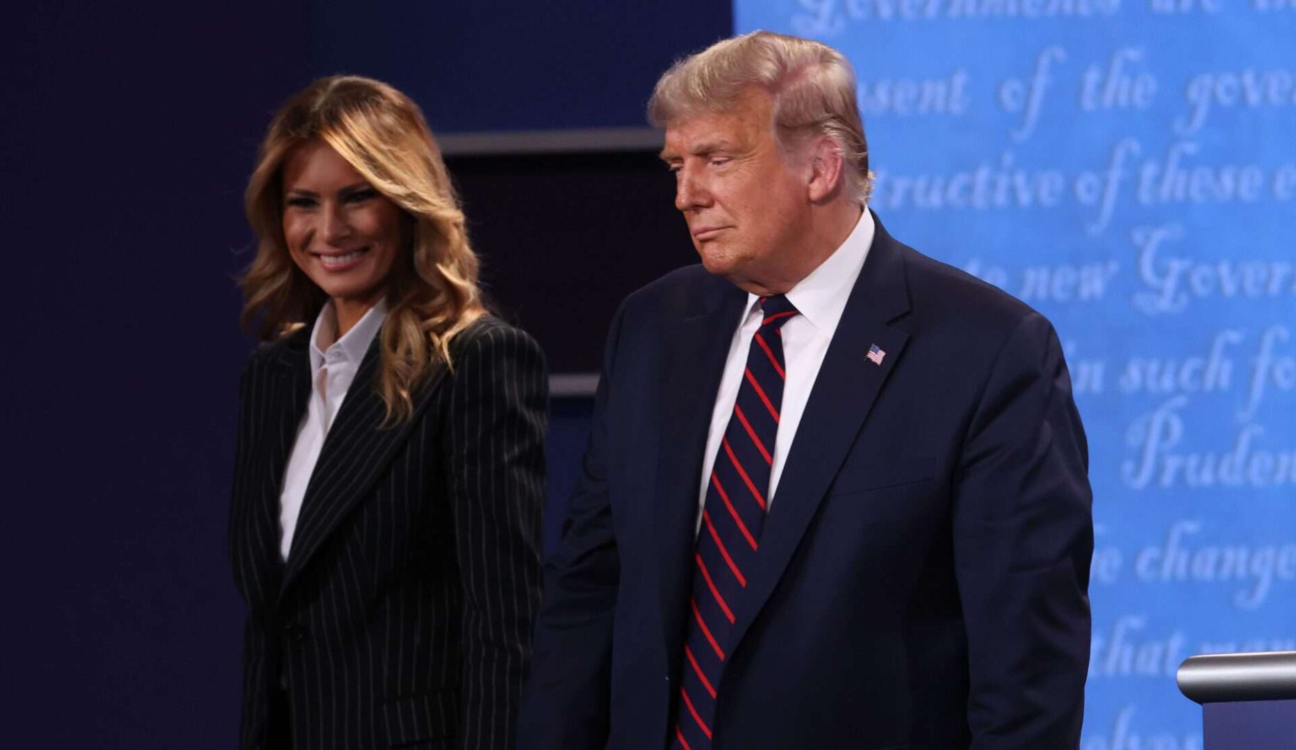 CLEVELAND, OHIO - SEPTEMBER 29:  U.S. President Donald Trump and first lady Melania Trump on stage after the first presidential debate between Trump and Democratic presidential nominee Joe Biden at the Health Education Campus of Case Western Reserve University on September 29, 2020 in Cleveland, Ohio. This is the first of three planned debates between the two candidates in the lead up to the election on November 3. (Photo by Win McNamee/Getty Images)