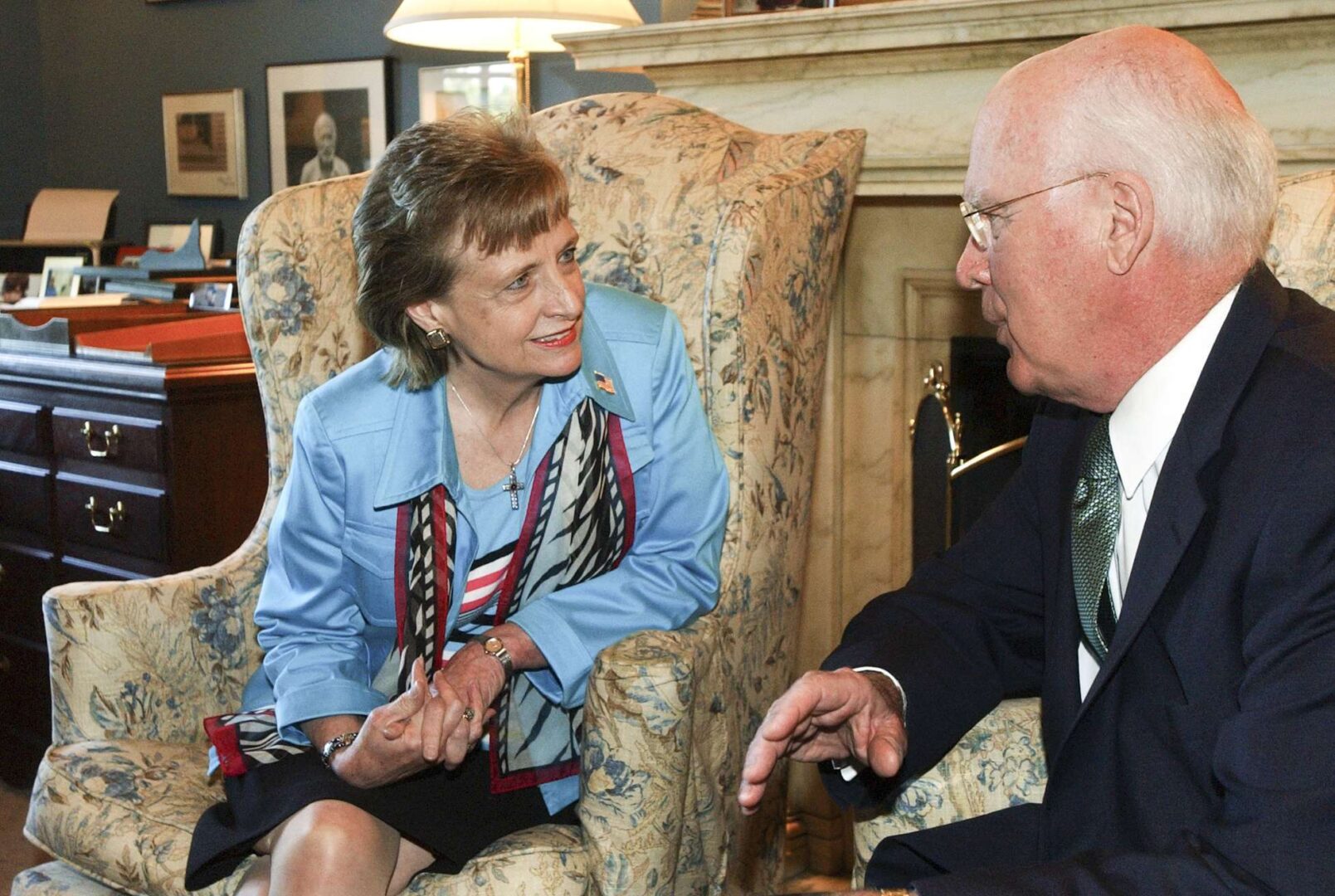 Harriet Miers, nominee for associate justice of the Supreme Court, talks with Sen. Pat Leahy, D-Vt., ranking member of the Senate Judiciary Committee, before they met privately. (Tom Williams/CQ Roll Call/file)