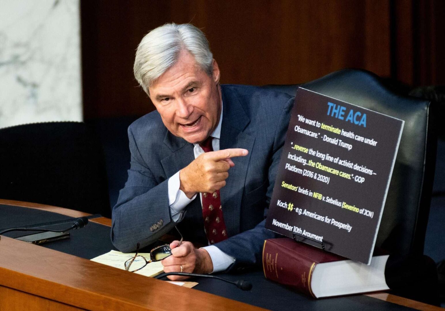 Rhode Island Sen. Sheldon Whitehouse, speaks Tuesday on the second day of confirmation hearings for Supreme Court nominee Amy Coney Barrett.