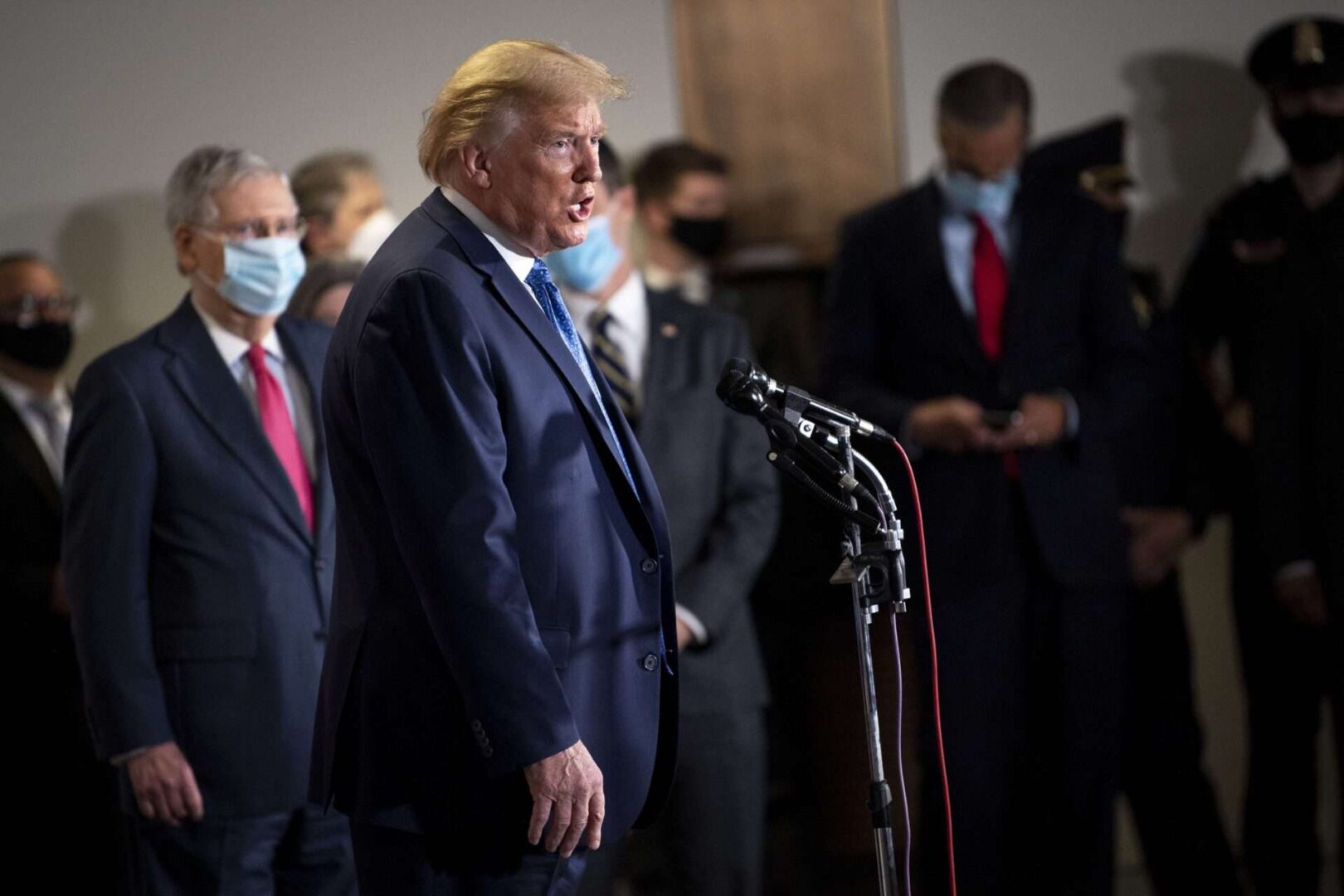 President Donald Trump speaks to the press after attending a Senate Republican policy luncheon in the Hart Senate Office Building on May 19, 2020. Trump suspended U.S. contributions to the WHO on April 14.