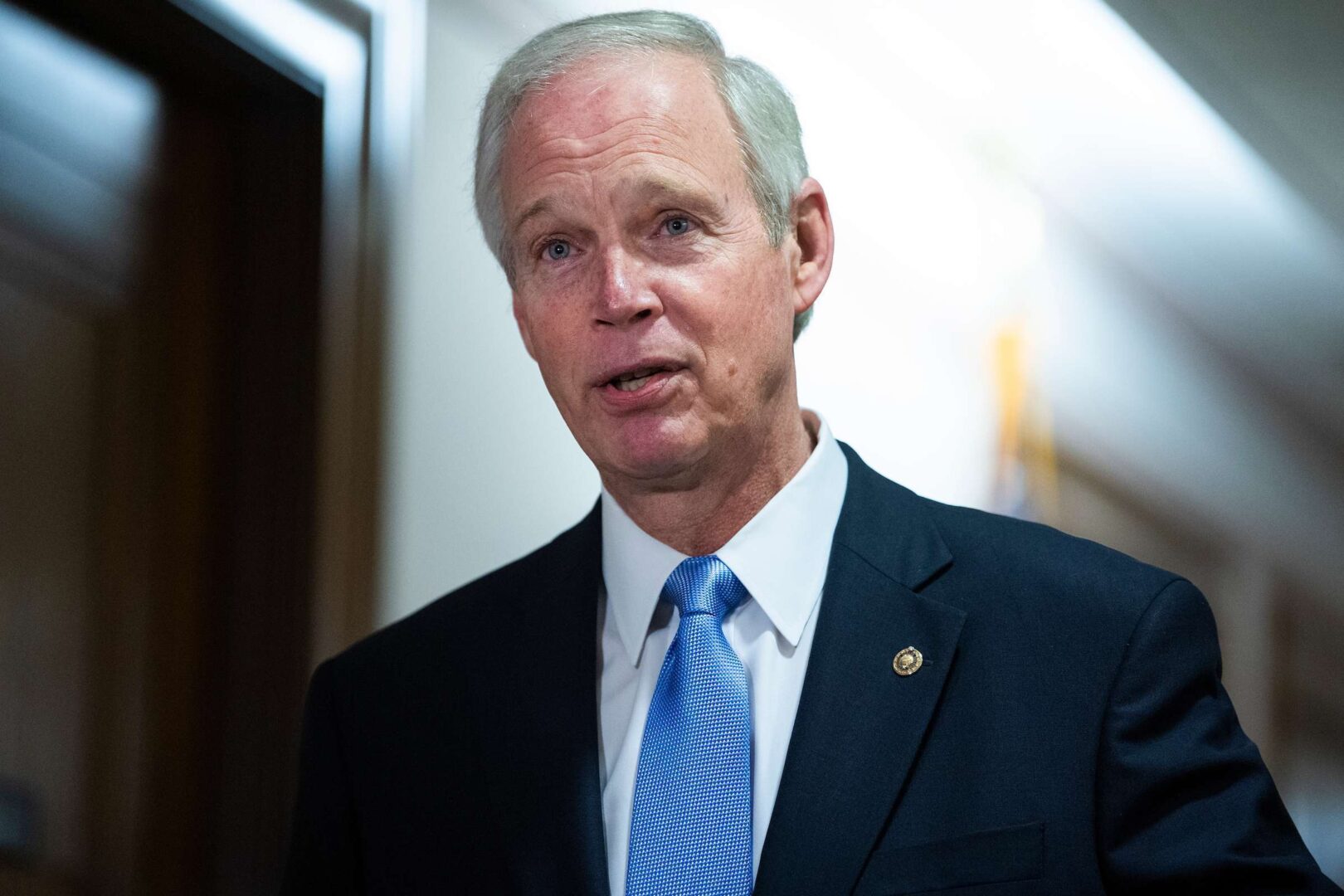 Chairman Ron Johnson, R-Wis., talks with a reporter before the Senate Homeland Security and Governmental Affairs Committee hearing titled Examining Irregularities in the 2020 Election, in Dirksen Building on Wednesday.