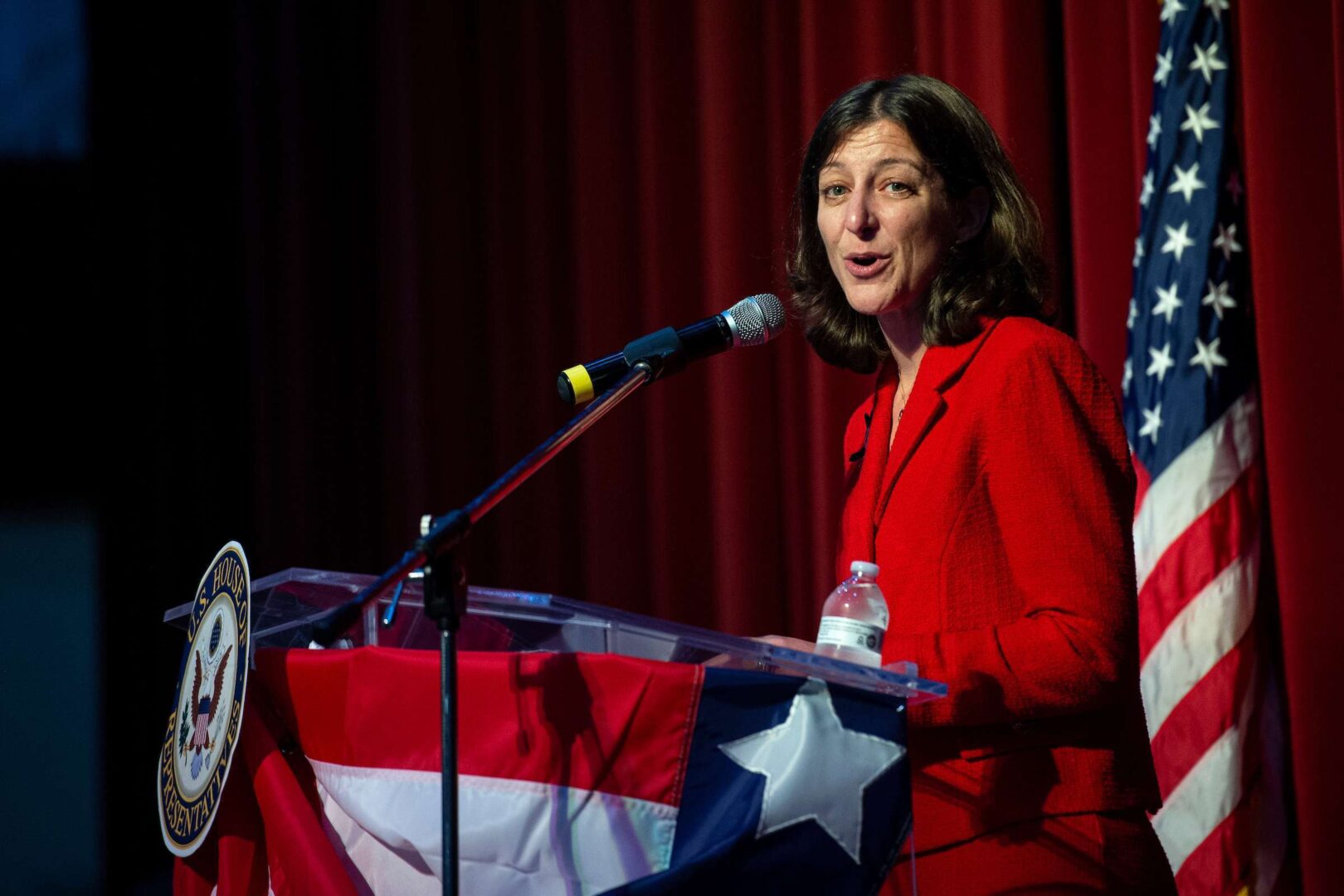 Virginia Rep. Elaine Luria, here at a 2019 town hall in Virginia Beach, has reportedly changed her position on accepting corporate PAC cash for the coming cycle. 