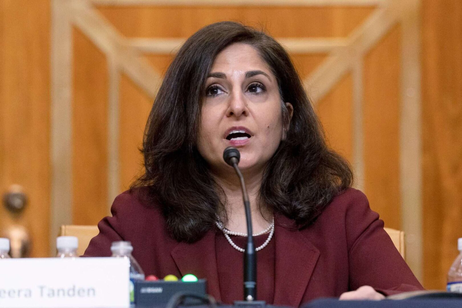 Neera Tanden, President Joe Biden's nominee for director of the Office of Management and Budget, testifies during a Senate Budget Committee hearing on Capitol Hill on Wednesday.