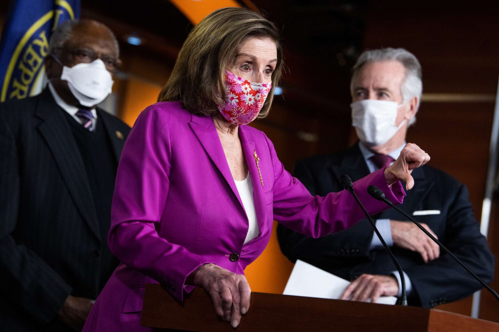 Speaker Nancy Pelosi and other top House Democrats speak at a news conference on the coronavirus relief bill on Tuesday.