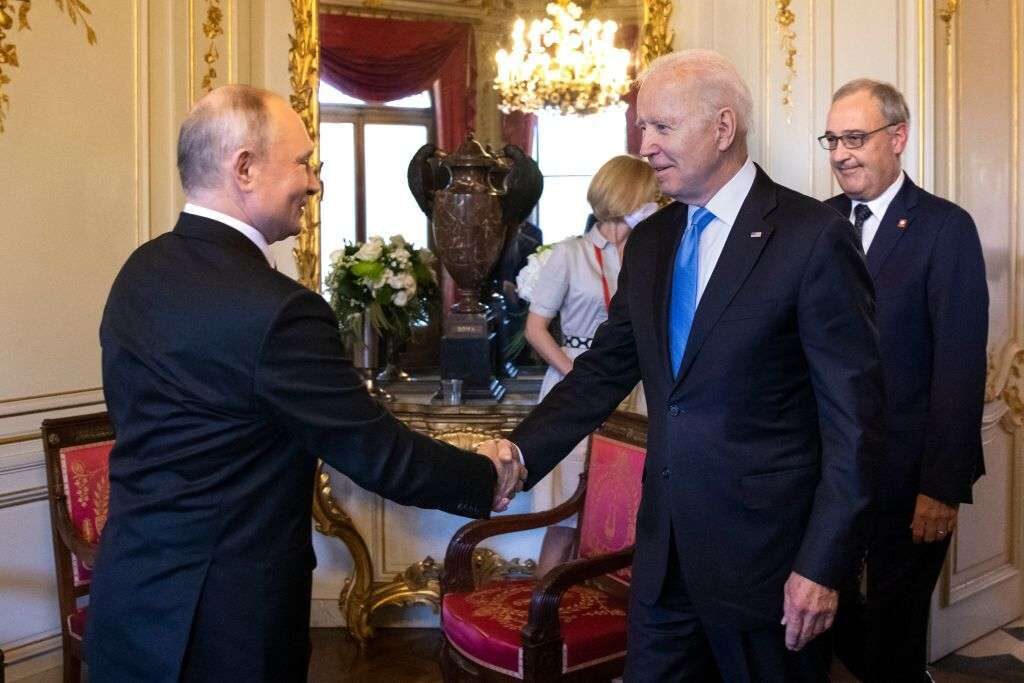 President Joe Biden shakes hands with Russian President Vladimir Putin prior to the US-Russia summit at the Villa La Grange in Geneva on June 16.