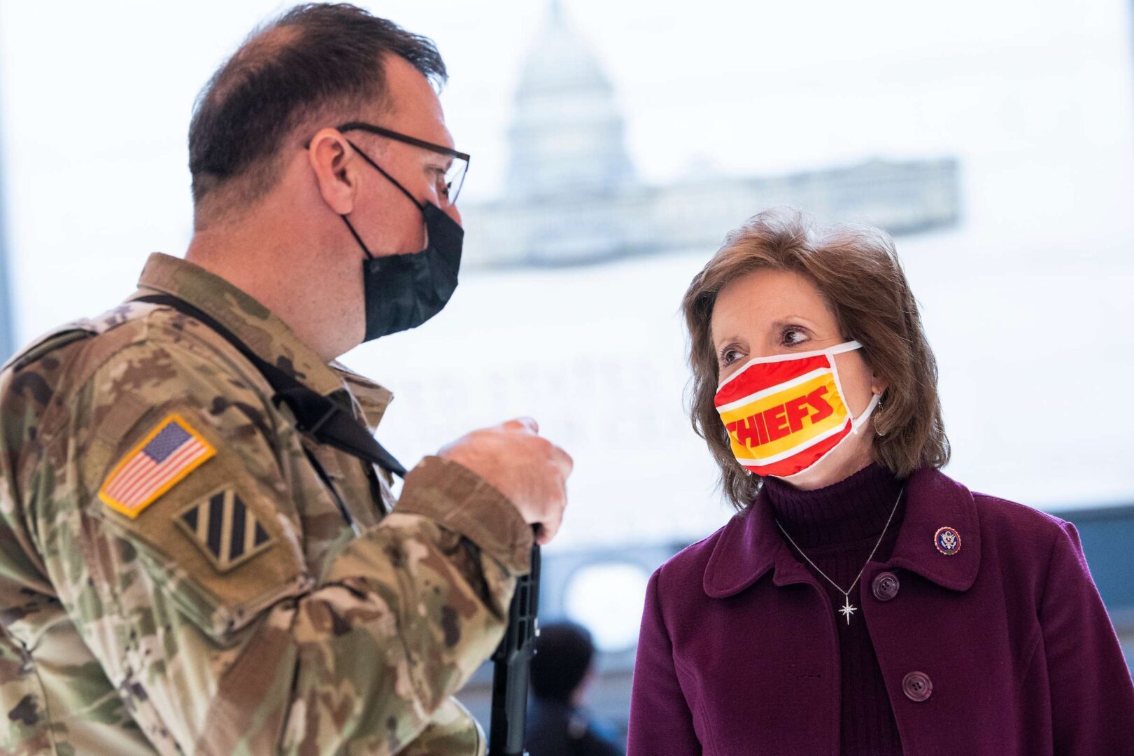 Rep. Vicky Hartzler, R-Mo., talks with a member of the Delaware National Guard in the Capitol Visitor Center on Jan. 13. She is one of the members who voted against certifying Electoral College results on Jan. 6 and received PAC contributions last month from a defense contractor. 