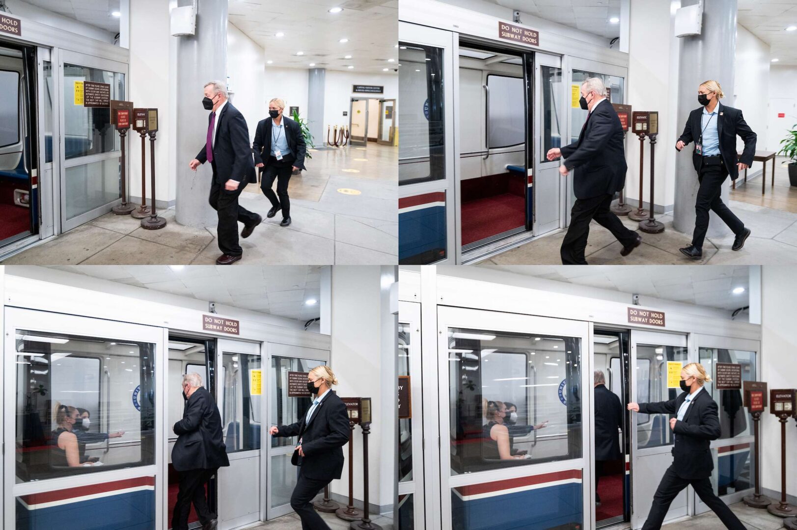 Sen. Richard Durbin, D-Ill., races to board the Senate subway as the doors close leaving behind his security detail in the Capitol on January 18, 2022. 