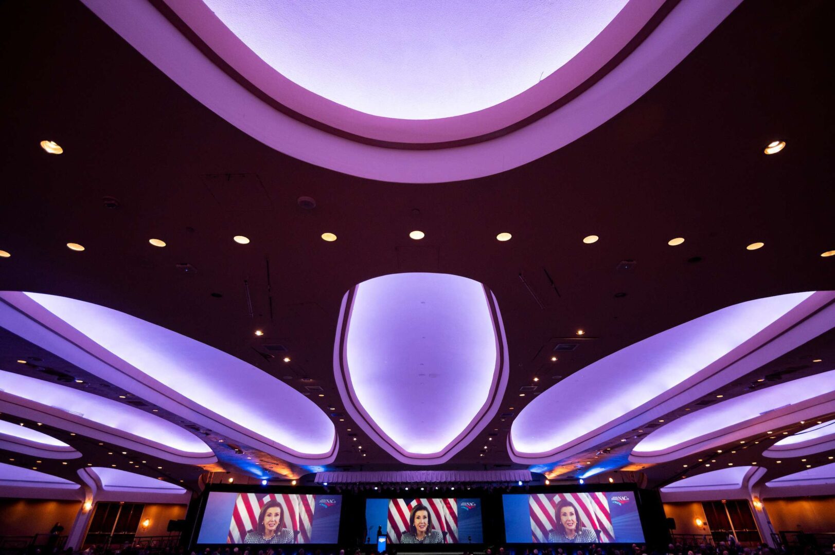 UNITED STATES - FEBRUARY 14: Speaker of the House Nancy Pelosi, D-Calif., addresses the National Association of Counties annual Legislative Conference via video at the Washington Hilton in Washington on Monday, February 14, 2022. (Bill Clark/CQ Roll Call).