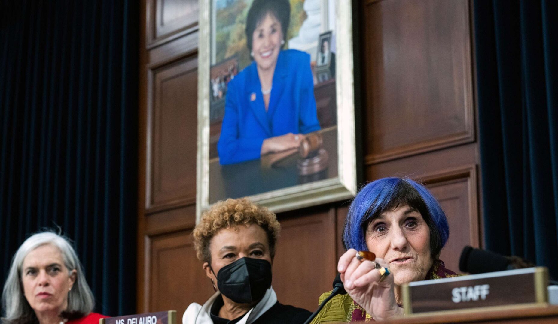 From right, House Appropriations Chair Rosa DeLauro and Reps. Barbara Lee and Katherine Clark are pictured during a committee hearing in the Rayburn Building on March 31.