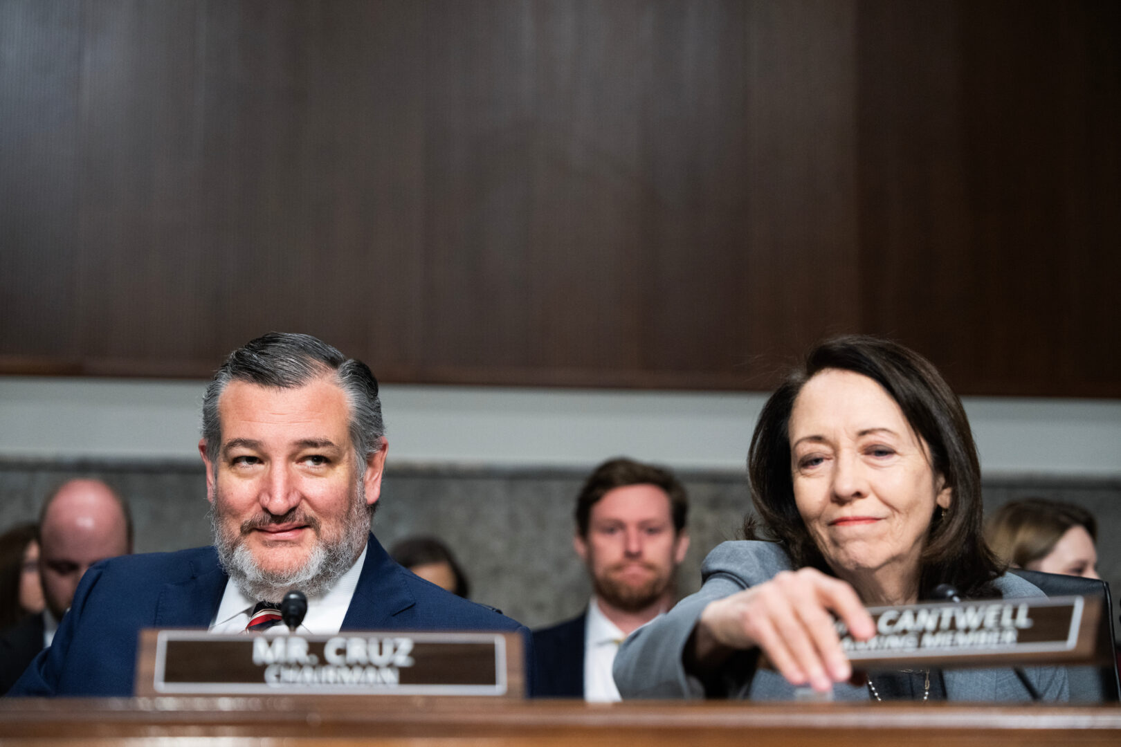 Chairman Ted Cruz and ranking member Maria Cantwell arrive at a Senate Commerce, Science and Transportation Committee hearing on April 2.