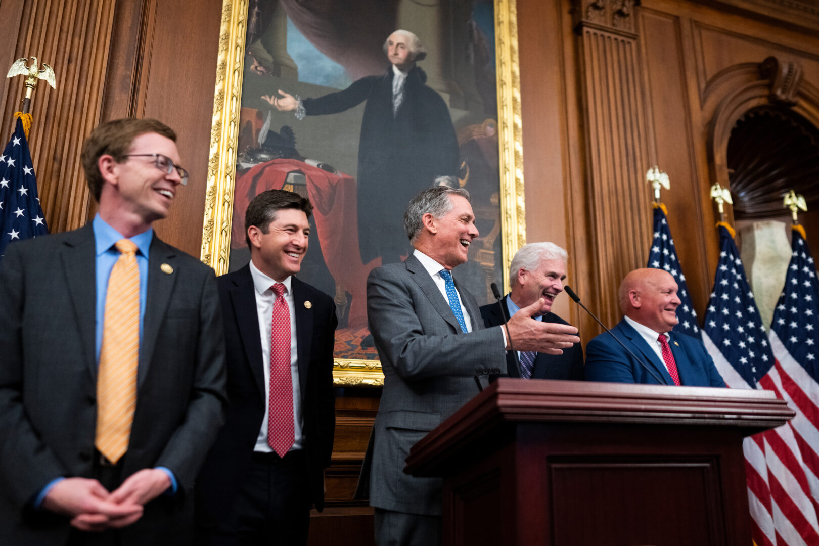 From left, Reps. Dusty Johnson, R-S.D., Bryan Steil, R-Wis., French Hill, R-Ark., House Majority Whip Tom Emmer, R-Minn., and Glenn "GT" Thompson, R-Pa., conduct a news conference in the Capitol on Thursday after House passage of a stablecoin bill.