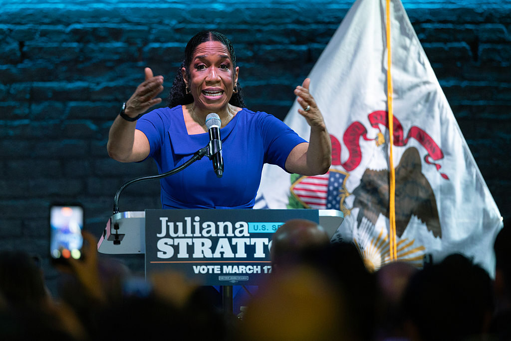 Illinois Lt. Gov. Juliana Stratton, seen here speaking to supporters in Chicago on Tuesday, overcame millions in spending from cryptocurrency-linked groups.