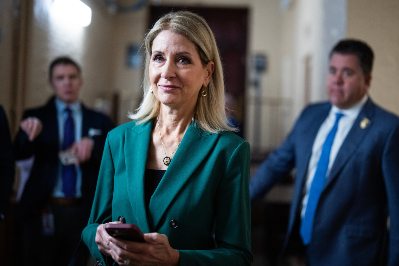 Rep. Mary Miller, R-Ill., leaves a meeting of the House Republican Conference in the  Capitol in November. Her proposal to block transgender exhibits at the fledgling Smithsonian women’s museum was approved by the House Administration Committee on Wednesday. 