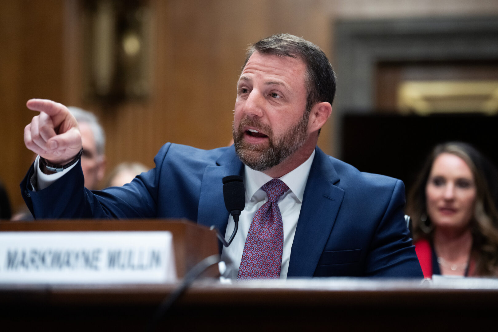 Sen. Markwayne Mullin, R-Okla., speaks about his son’s illness and President Donald Trump’s concern, while testifying during his confirmation hearing Wednesday at the Senate Homeland Security and Governmental Affairs Committee.
