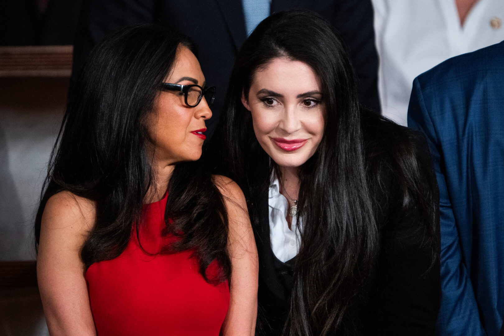Reps. Anna Paulina Luna, right, and Lauren Boebert are among those threatening a blockade of Senate legislation in the House unless the Senate passes a voter ID bill. Above, they attend February’s State of the Union address.