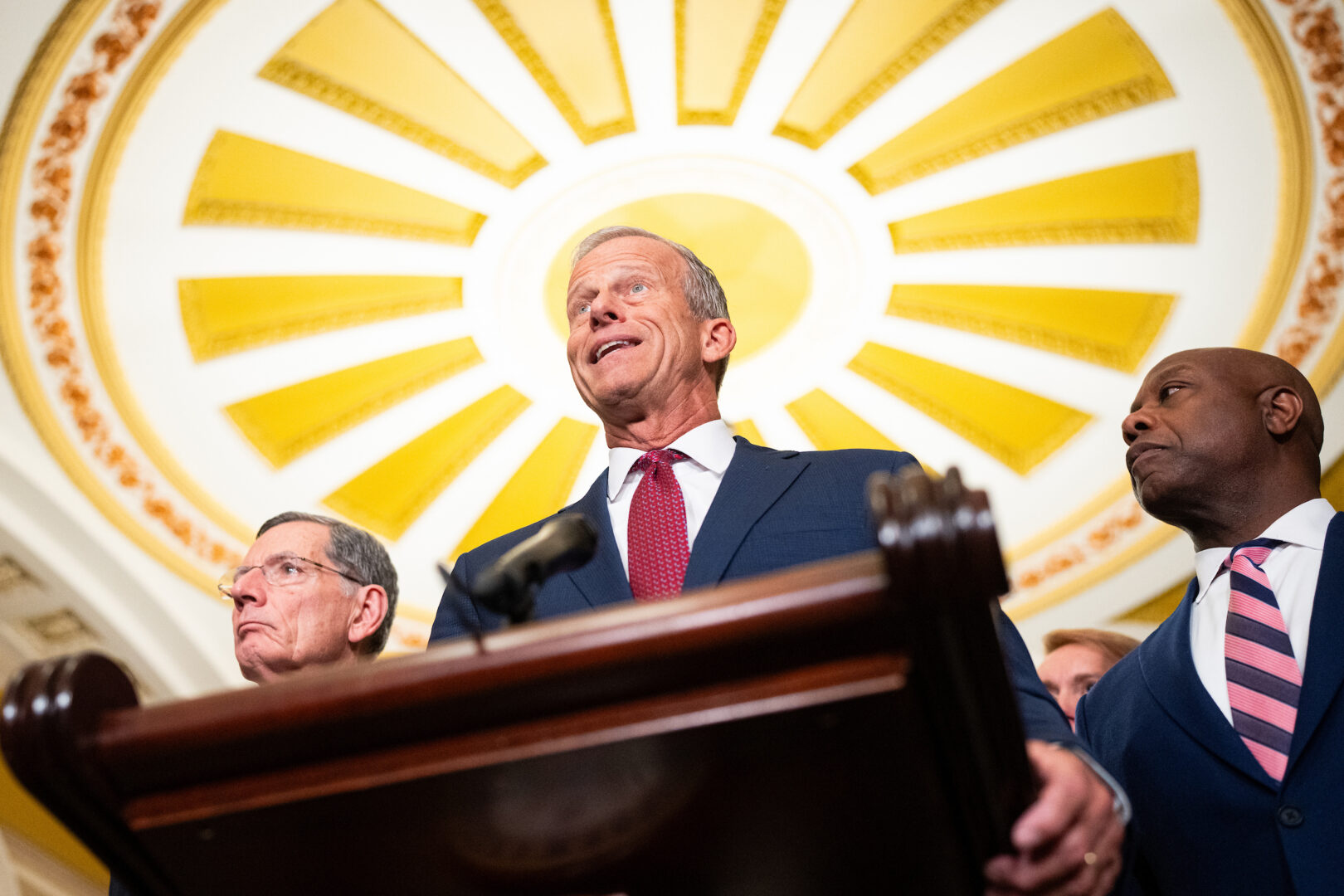 Senate Majority Leader John Thune speaks during a news conference earlier this month. The Senate is expected to hold a rare weekend session as lawmakers continue debate on legislation known as the SAVE America Act.  