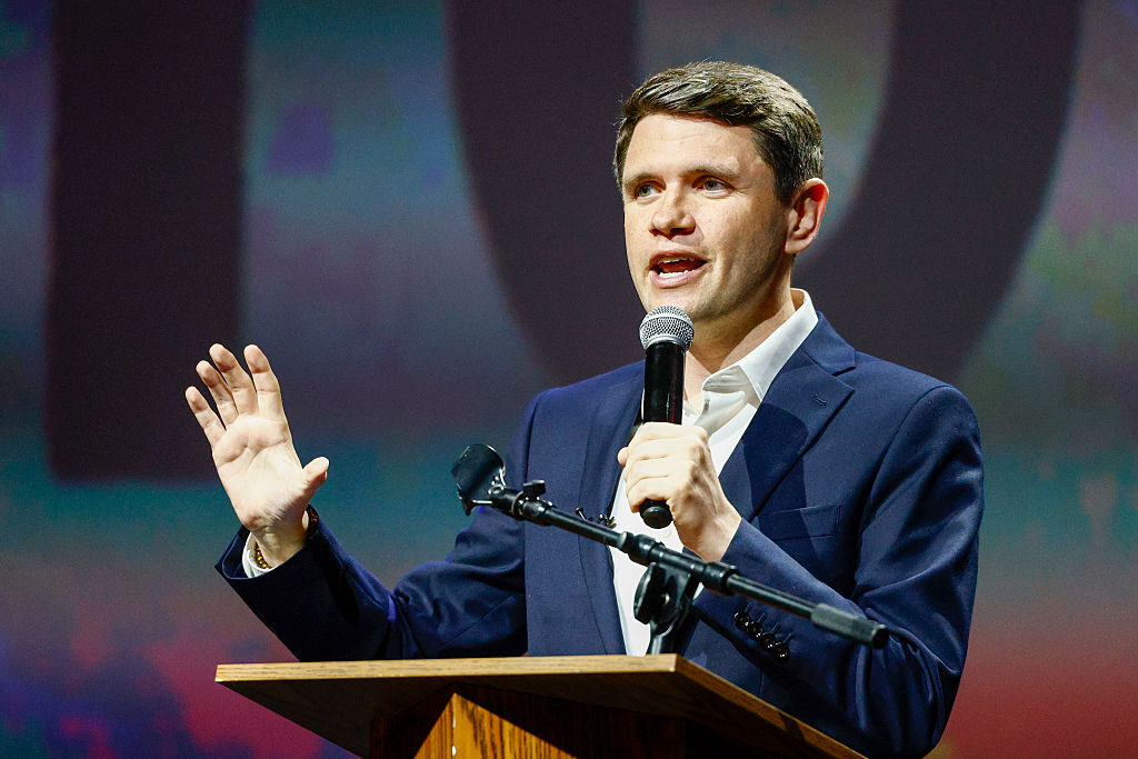 Texas state Rep. James Talarico, the Democratic nominee for Senate, speaks at a rally in Fort Worth on March 20.
