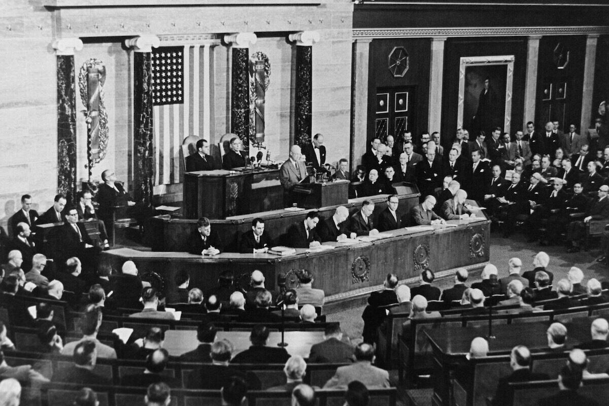 President Dwight D. Eisenhower delivers his 1954 State of Union Address to a joint session of Congress in 1954, the year he signed legislation setting the top tax rate at 91 percent. (CQ Roll Call file photo)