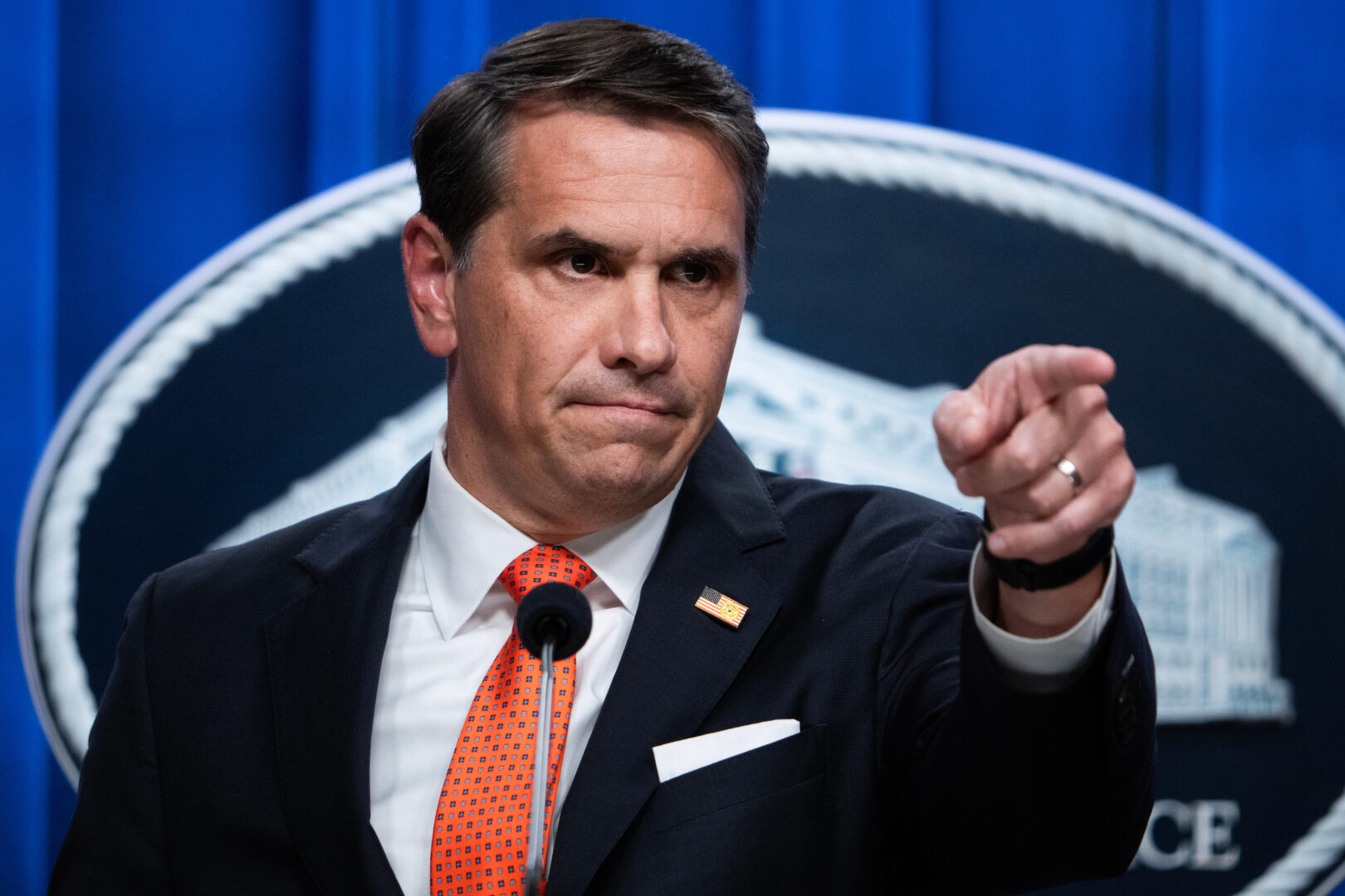 Acting Attorney General Todd Blanche conducts a news conference at the Department of Justice about the Trump Administration’s anti-fraud efforts on Tuesday, April 7, 2026. 